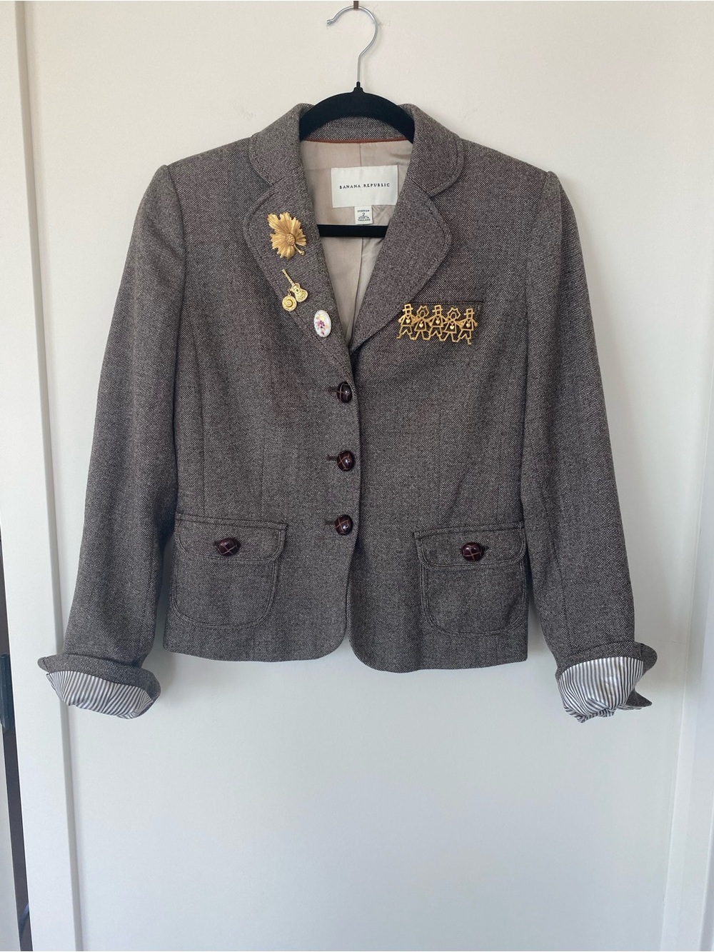 Reworked Banana Republic Tweed Blazer with Vintage Pins